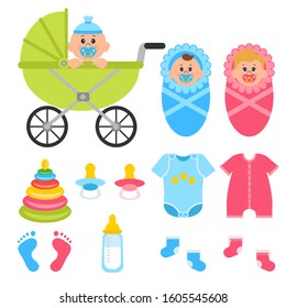 Vector Illustration Set Of Baby Supplies Isolated On White Background. Girl And Boy, Clothes, Baby Nipple, Botle And Pram. 