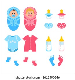 Vector Illustration Set Of Baby Supplies Isolated On White Background. Girl And Boy, Clothes, Baby Nipple, Botle.Illustration For Print, Card, Presentation, Children's Room, Scrapbooking Set