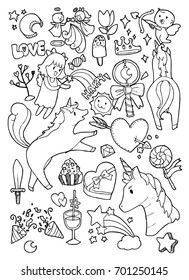 Vector illustration set of baby unicorn magic doodle line icons with white background