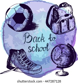 Vector illustration. Set back to school sketch on watercolor background. Four sites . Elements for design. Running shoes , books , apple , briefcase satchel , globe . Lavender color