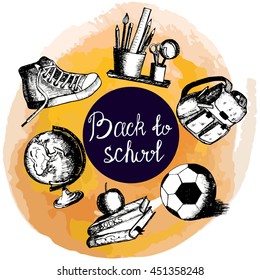 Vector illustration. Set back to school sketch on watercolor background. Four sites . Elements for design. Running shoes , books , apple, satchel bag , soccer ball .