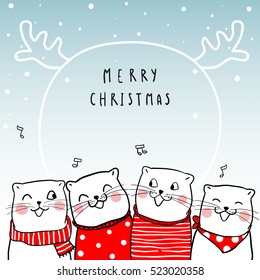 Vector illustration set background greeting card for Merry Christmas and New year in winter with cat singing happiness.