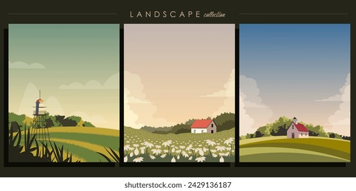 Ilustración vectorial. Conjunto de fondos vectoriales, diseño para carteles, banners, tarjetas, cubiertas. Naturaleza, pueblo, campo, agricultura, protección de la naturaleza. Diseño moderno.