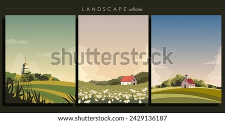 Vector illustration. Set of vector backgrounds, design for posters, banners, cards, covers. Nature, village, field, agriculture, nature protection. Modern design.