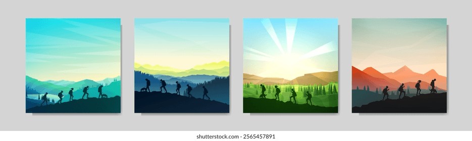 Vector illustration. Set of backgrounds with a group of hikers climbing, equipped with backpacks and walking sticks. Clear sky, nature scene landscape. Concept of friendship, teamwork and leadership