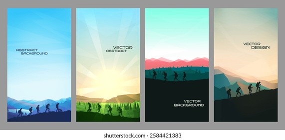 Vector illustration. Set of backgrounds with a group of hikers climbing, equipped with backpacks and walking sticks. Concept of friendship, teamwork and leadership. Clear sky, nature scene landscape