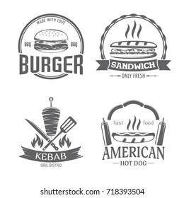 vector illustration set of badges on a theme, burger, hot dog, kebab and sandwich, on white background, for advertising and menu design