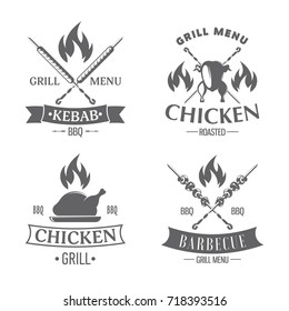 vector illustration set of badges on a theme, roasted chicken, kabab and grill, on white background, for advertising and menu design / emblems set chicken grill 