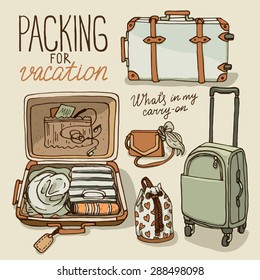 Vector illustration set with bag, handbag, traffic trunks, backpack, suitcase. Packing for vacation. Hand drown doodle sketch