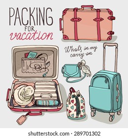 Vector Illustration Set With Bag, Handbag, Traffic Trunks, Backpack, Suitcase. Packing For Vacation. Hand Drown Sketch