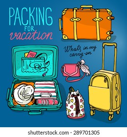 Vector illustration set with bag, handbag, traffic trunks, backpack, suitcase. Packing for vacation. Hand drown sketch