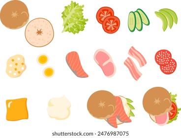 Vektorillustration Set aus Bagel Sandwich Zutaten und das fertige Bagel Sandwich