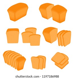 Vector illustration of set of baked bread, dark rye brick, soft baguette for bakery. Bread consisting of bakery natural tasty wheat food in sliced toasts. Bakery fresh cereal bread with various sorts