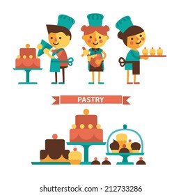 Vector illustration set, bakers and confectioners characters, pastries and sweets. Flat design