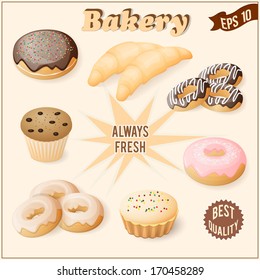 vector illustration set for bakery with donuts, cakes and croissant - eps10