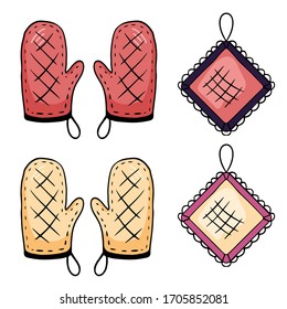 Vector illustration of a set of baking gloves. Potholders and mitts rectangular hand-drawn. Design elements for the kitchen and baking.