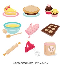 A Vector Illustration Set Of Baking Related Icons Like Cake, Pie, Cupcakes, Mixing Bowl, Oven Mitten, Cookies In A Tray, Rolling Pin, Hand Mixer And Flour.