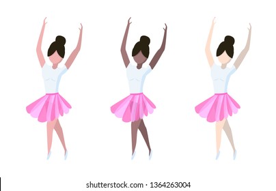Vector illustration -set of ballerinas of different skin colors (white, black) in a ballet position. Template for banner, flyer, invation. Isolated on white background