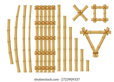 Vector illustration set of bamboo elements and structures, including bamboo poles, fences, frames, and tied joints. Isolated on white background, suitable for design and decoration.