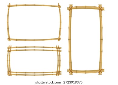Conjunto de ilustrações vetoriais de bordas de bambu amarradas com corda. Molduras de estilo bambu natural isoladas sobre fundo branco.