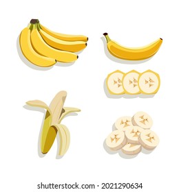Conjunto de ilustraciones vectoriales de plátano. Un montón de banana. Banana pelada y rebanada. Alimentos saludables para la dieta. Fruta para el desayuno. Fruta para la preparación de la cocina.