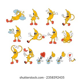 Ilustración vectorial de personajes bananeros con diferentes emociones y poses. Caricatura aislada en un fondo blanco