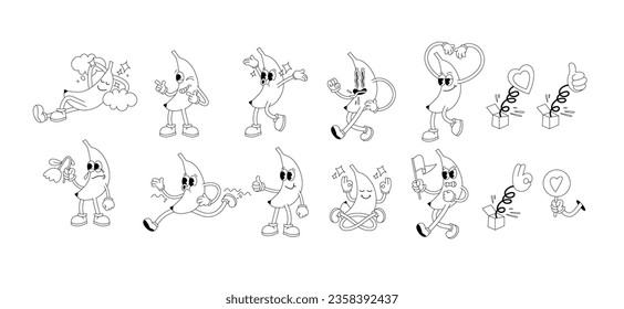 Vector illustration set of banana characters with different emotional and poses. Cartoon character isolated on a white background