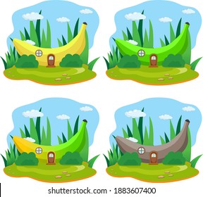 vector illustration set of banana fruit house with grass and cloud