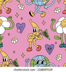 Vector illustration set of banana fruit, chamomile flower and planet Earth characters ìn retro style. Groovy stickers with happy faces. Seamless pattern