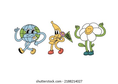 Vector illustration set of banana fruit, chamomile flower and planet Earth characters ìn retro style. Groovy stickers with happy faces
