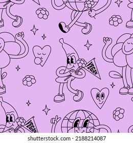 Vector illustration set of banana fruit, chamomile flower and planet Earth characters ìn retro style. Groovy stickers with happy faces. Seamless pattern