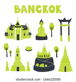 Vector illustration set of Bangkok attractions. Stupa, buddha, golden mount, temple of dawn, swing and palace. Hand drown art with cute elements and lettering in doodle style. For design and concept