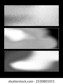 Vector illustration of a set of banners with background templates with grainy noise. Black and white gradients with dots create various patterns. Graphic texture for the background design.