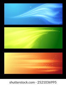 Vector illustration of a set of banners featuring a wind flow effect with snowflakes and glittering particles in blue, green and blue colors. Templates for design with space for text.