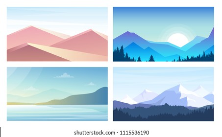 Vector illustration set of banners with landscapes, mountains view, desert, seaside in flat style and pastel colors.