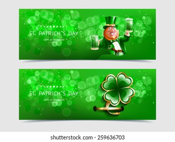 Vector illustration set of banners with leaf clover, gold rim, cartoon character of Irish or leprechaun, beer and ale in hand on green blurred background with lettering Happy St. Patrick Day