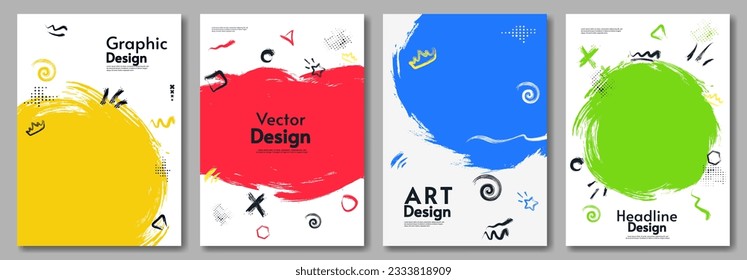 Ilustración vectorial. Juego de banners. Afiche pintado. Pintura de pincel y arañazos. Diseño para afiches, pancartas, portada. 