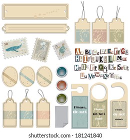 Vector illustration of a set of banners, tags and door hangers with alphabet and stamps in vintage old style - EPS 10
