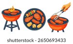 Vector illustration set of barbecue grill scenes with different types of grilled food: sausages, steaks, vegetables. Perfect for summer, picnic, BBQ party