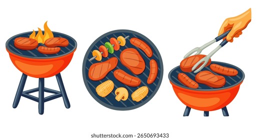 Vector illustration set of barbecue grill scenes with different types of grilled food: sausages, steaks, vegetables. Perfect for summer, picnic, BBQ party