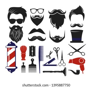 Vector illustration set of barber shop icons, elements for man s haircut salon logos. Men hipster haircuts, scissors, scallops, glasses, beard, mustache isolated on white background.