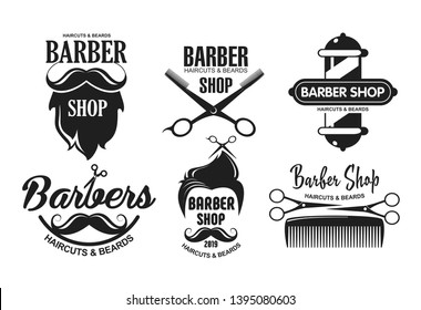 Vector illustration set of barbershop logos, emblems and labels in vintage style. Badges and logos isolated on white background.