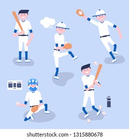 Vector Illustration. Set of baseball  cartoon players (catcher, pitcher) in modern flat style. Baseball equipment icon. Baseball characters team 