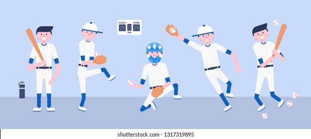 Vector Illustration. Set of baseball  cartoon players: catcher, pitcher in modern flat style. Baseball equipment icon. Baseball characters team 