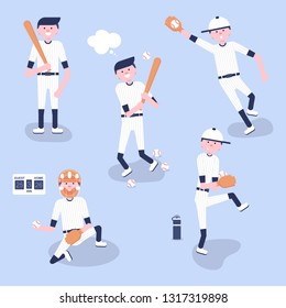 Vector Illustration. Set of baseball  cartoon players: catcher, pitcher in modern flat style. Baseball equipment icon. Baseball characters team 