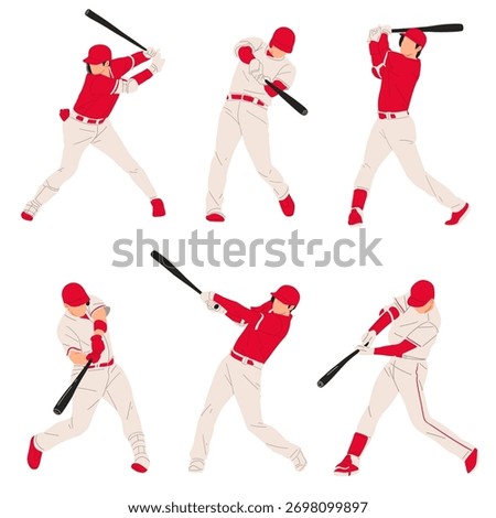 Vector illustration set of baseball players in multiple batting poses wearing red and white uniforms. Perfect for sports posters, baseball team graphics, and training materials.