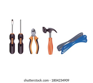 vector illustration set of basic tools for home repair, hammer, screwdriver, putty knife