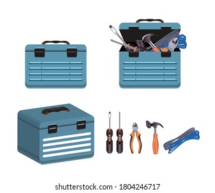 vector illustration set of basic tools for home repair, hammer, screwdriver, putty knife and tools box