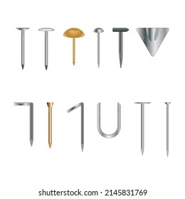 vector illustration of a set of basic types of nails used in construction and decoration