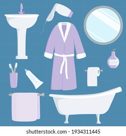 Vector Illustration Of A Set Of Bathroom Accessories With A Bathtub, Sink, Mirror, Bathrobe, Toothpaste And Brushes, Hairdryer, Towel, Soap And Toilet Paper